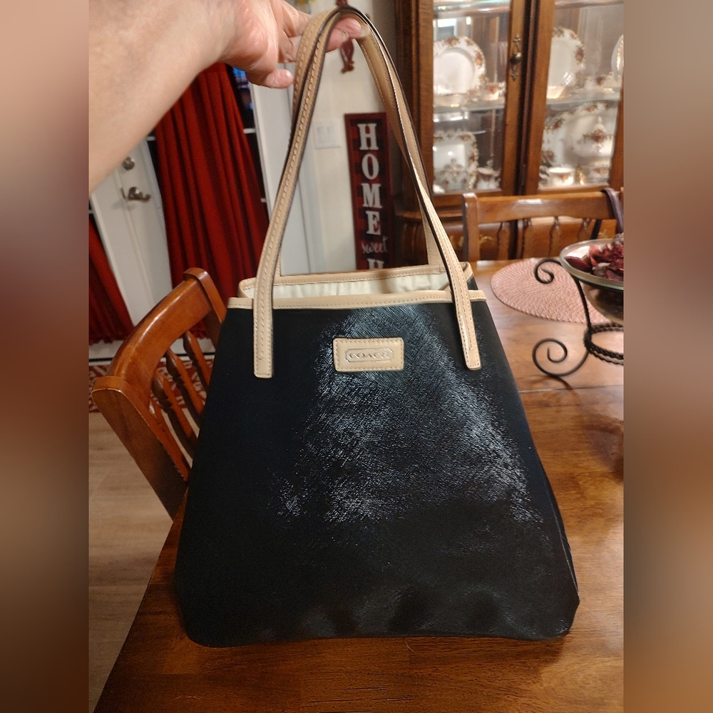 Coach Black City Tote with Tan Trim and Handles - Picture 10 of 12
